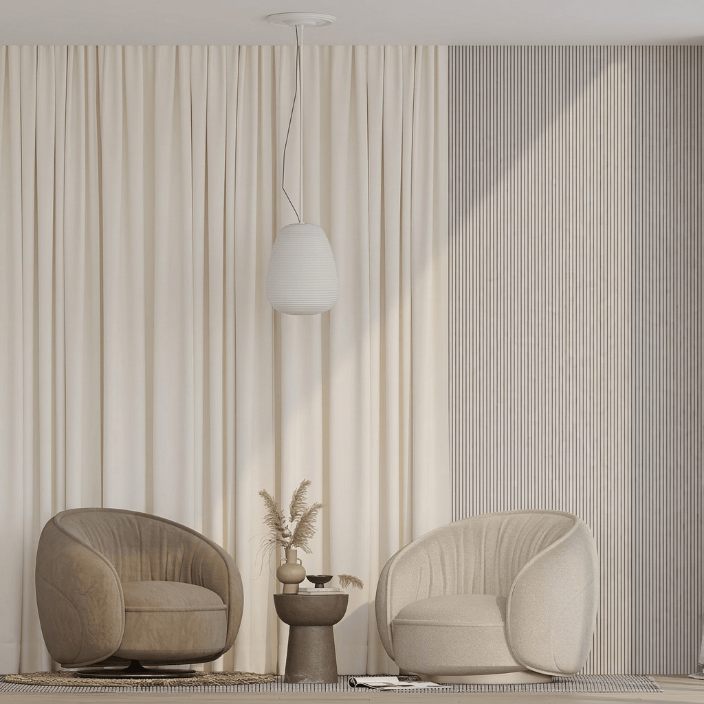 Rideau beige salon Névolis