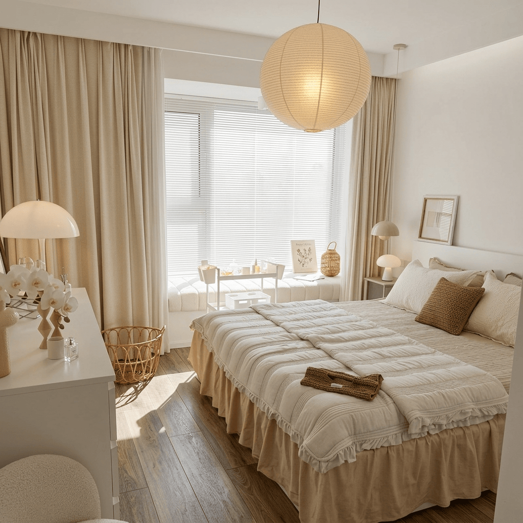 Rideau beige salon Névolis